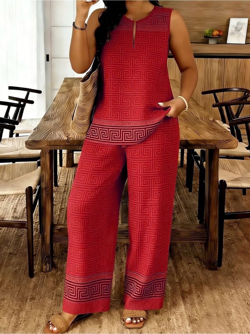 Sleeveless Red Geometric Wide-Leg 2-piece Set